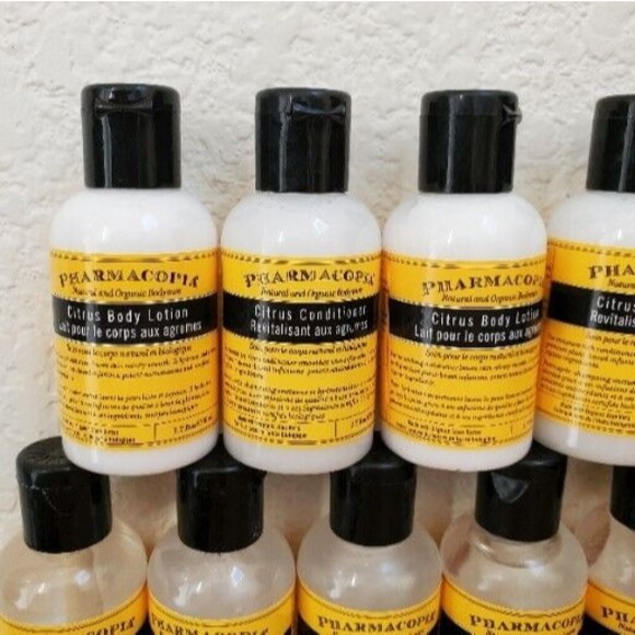 11x PHARMACOPIA NATURAL BODY CARE ORGANIC TRAVEL Trial SET Citrus Lotion Shampoo - Picture 2 of 6